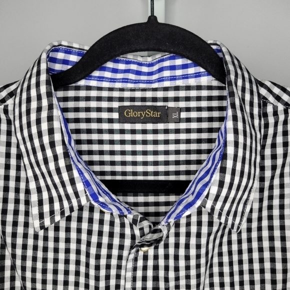 GloryStar Black & White Gingham Plaid Contrast Flip Cuff Button-Up Shirt Mens XL - Picture 2 of 8